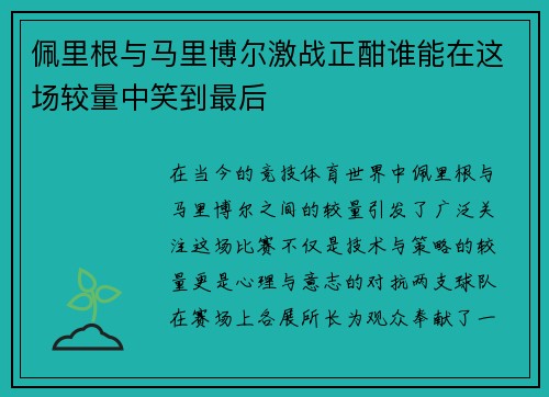 佩里根与马里博尔激战正酣谁能在这场较量中笑到最后